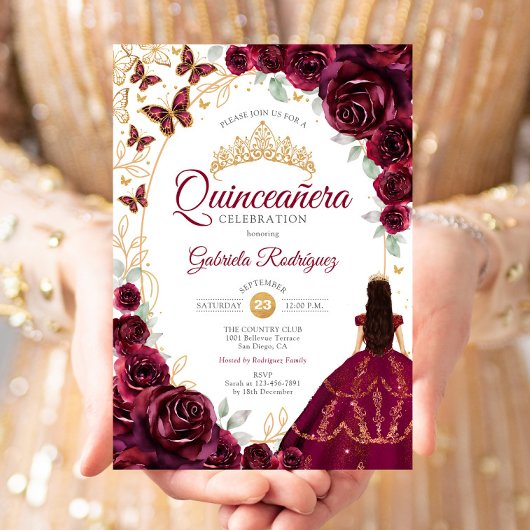 Quinceanera Burgundy Gold Floral 招待状