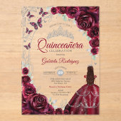 Quinceanera Burgundy Silver Floral アクリル招待状 (正面)