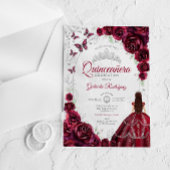 Quinceanera Burgundy Silver Floral アクリル招待状