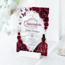Quinceanera Burgundy Silver Floral アクリル招待状
