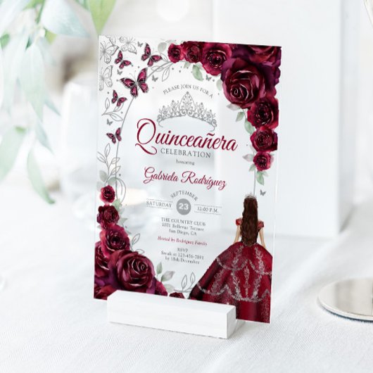 Quinceanera Burgundy Silver Floral アクリル招待状