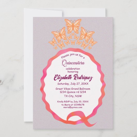 Quinceañera Butterfly Crown Squiggle Invitation 招待状 (正面)