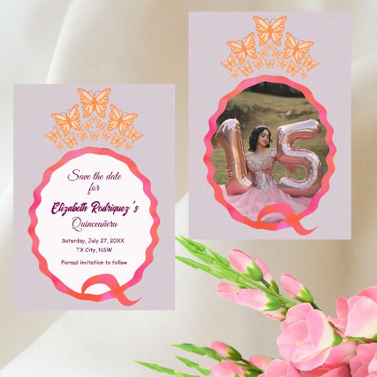 Quinceañera Butterfly Crown Squiggle Save the Date セーブザデート