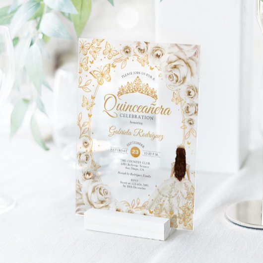 Quinceanera Cream Gold Floral アクリル招待状