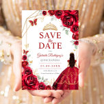 Quinceanera Dress Red Roses Gold セーブザデート<br><div class="desc">Red,  gold and white Quinceanera celebration save the date. Features,  brunette girl in ball gown dress script font,  gold butterflies,  watercolor roses and tiara. Perfect for an elegant princess style glam celebration. Personalize with your own details. Printed Zazzle cards or instant download digital printable template.</div>