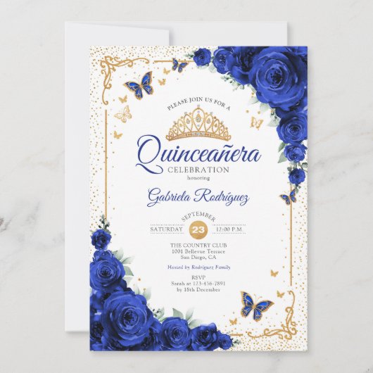  Quinceanera Elegant Chic Royal Blue Roses Gold 招待状 (正面)