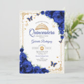  Quinceanera Elegant Chic Royal Blue Roses Gold 招待状 (スタンド正面)