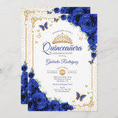  Quinceanera Elegant Chic Royal Blue Roses Gold 招待状 (正面/裏面)