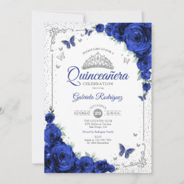  Quinceanera Elegant Chic Royal Blue Roses Silver 招待状