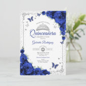  Quinceanera Elegant Chic Royal Blue Roses Silver 招待状 (スタンド正面)