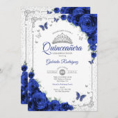  Quinceanera Elegant Chic Royal Blue Roses Silver 招待状 (正面/裏面)