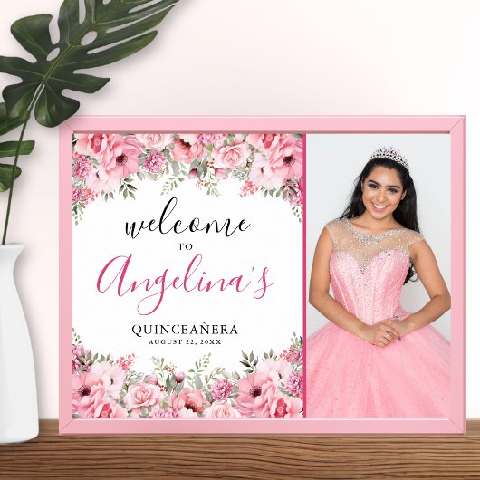 Quinceanera Elegant Pink Floral Photo Welcome Sign ポスター