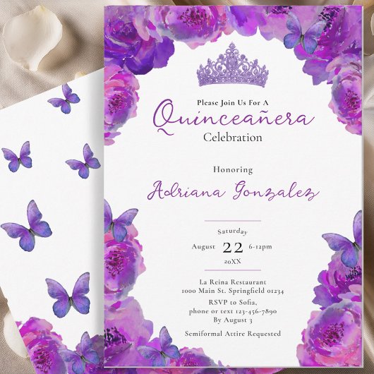 Quinceanera Elegant Purple Floral Tiara XV 15 招待状
