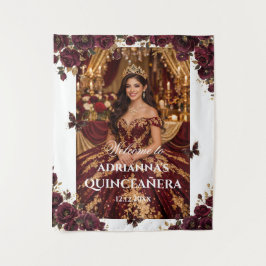 Quinceañera Emerald Gold Burgundy Roses Princess タペストリー