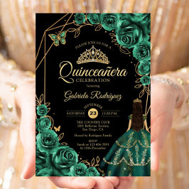 Quinceanera Emerald Gold Gold Dress Floral  招待状