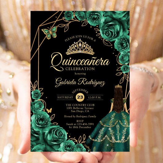 Quinceanera Emerald Gold Gold Dress Floral  招待状