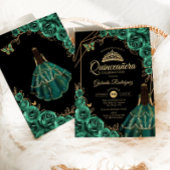 Quinceanera Emerald Gold Gold Dress Floral  招待状
