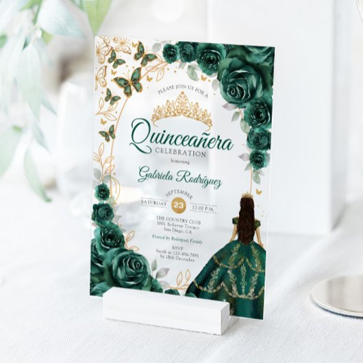 Quinceanera Emerald Green Gold Floral アクリル招待状