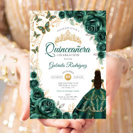 Quinceanera Emerald Green Gold Floral 招待状