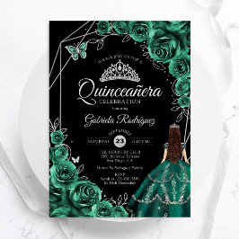 Quinceanera Emerald Green Silver Dress Floral 招待状