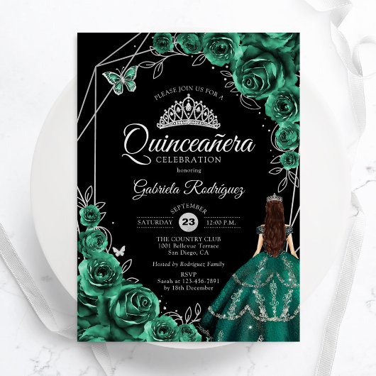 Quinceanera Emerald Green Silver Dress Floral 招待状