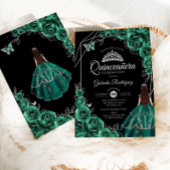 Quinceanera Emerald Green Silver Dress Floral 招待状