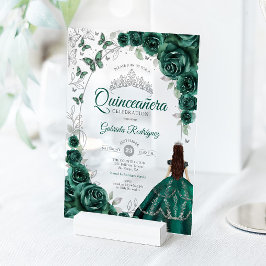 Quinceanera Emerald Green Silver Floral アクリル招待状