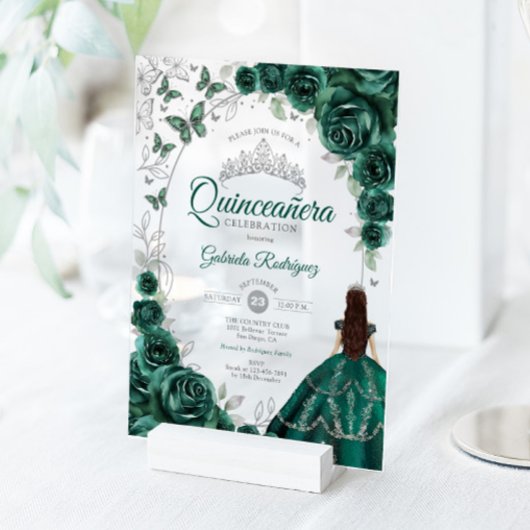 Quinceanera Emerald Green Silver Floral アクリル招待状