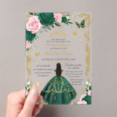 Quinceañera Emerald Pink Floral Black Hair Gold アクリル招待状 (インサイチュ (ポータブル))