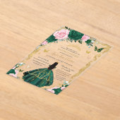 Quinceañera Emerald Pink Floral Black Hair Gold アクリル招待状 (レイダウン)