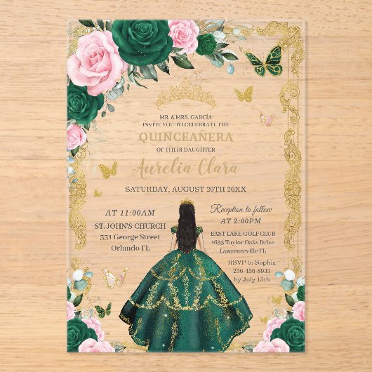 Quinceañera Emerald Pink Floral Black Hair Gold アクリル招待状 (正面)