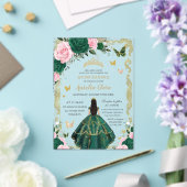 Quinceañera Emerald Pink Floral Black Hair Gold アクリル招待状 (インサイチュ (ウェディング))