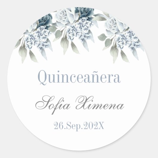 Quinceañera floral azul ラウンドシール (正面)