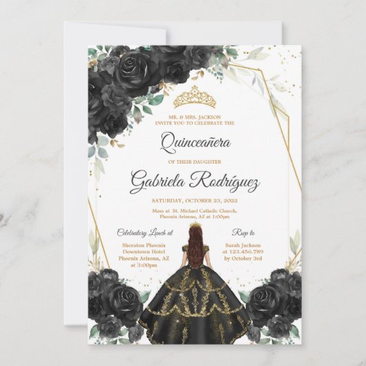 Quinceanera Floral Black Gold Invitation 招待状 (正面)