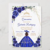 Quinceanera Floral Blue Gold Invitation 招待状 (正面)