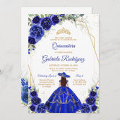 Quinceanera Floral Blue Gold Invitation 招待状 (正面/裏面)