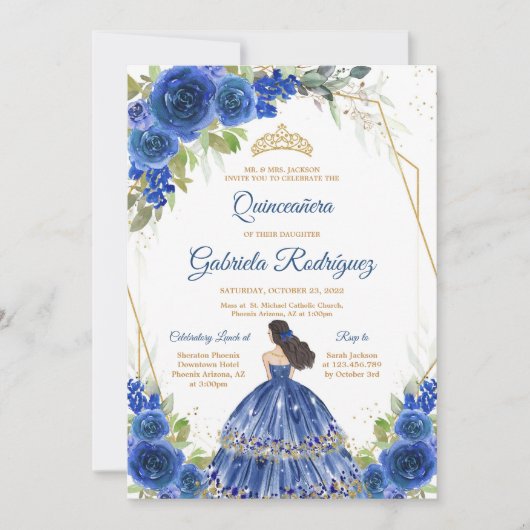 Quinceanera Floral Blue Gold Invitation 招待状 (正面)