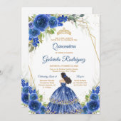 Quinceanera Floral Blue Gold Invitation 招待状 (正面/裏面)