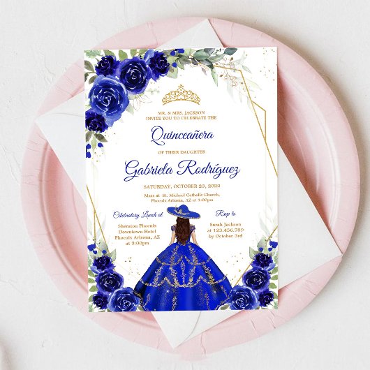 Quinceanera Floral Blue Gold Invitation 招待状