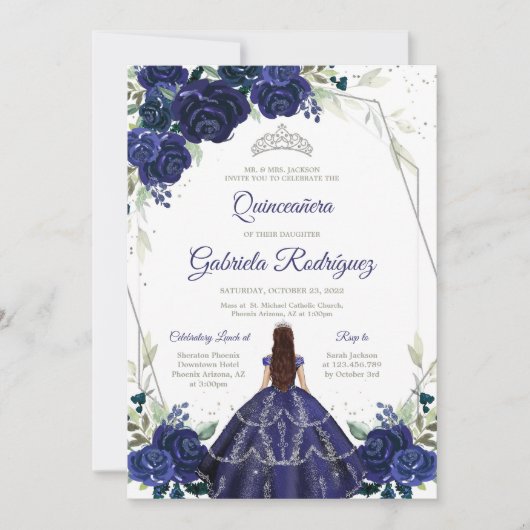 Quinceanera Floral Blue Silver Invitation 招待状 (正面)