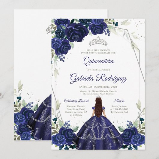 Quinceanera Floral Blue Silver Invitation 招待状 (正面/裏面)