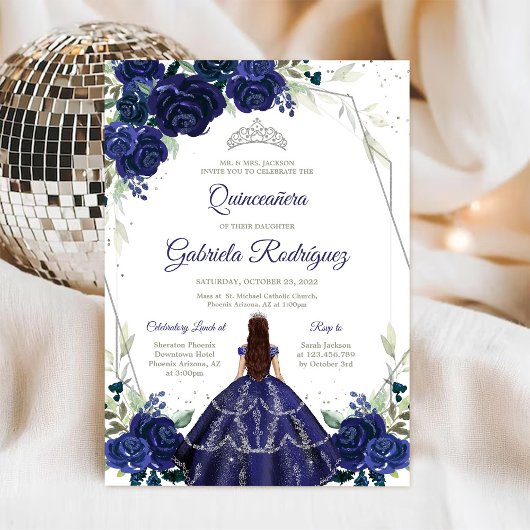 Quinceanera Floral Blue Silver Invitation 招待状