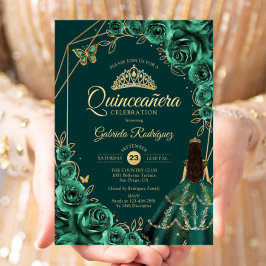 Quinceanera Floral Emerald Gold Gold Dress 招待状