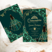 Quinceanera Floral Emerald Gold Gold Dress 招待状