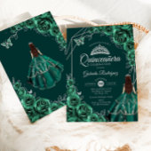 Quinceanera Floral Emerald Green Silver Dress 招待状