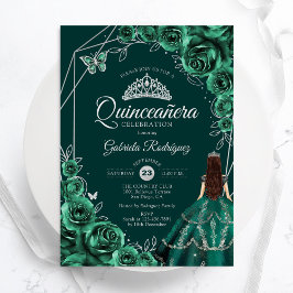 Quinceanera Floral Emerald Green Silver Dress 招待状
