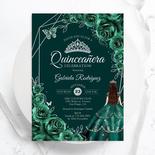 Quinceanera Floral Emerald Green Silver Dress 招待状
