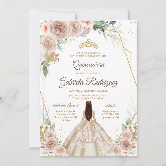 Quinceanera Floral Gold Invitation 招待状 (正面)