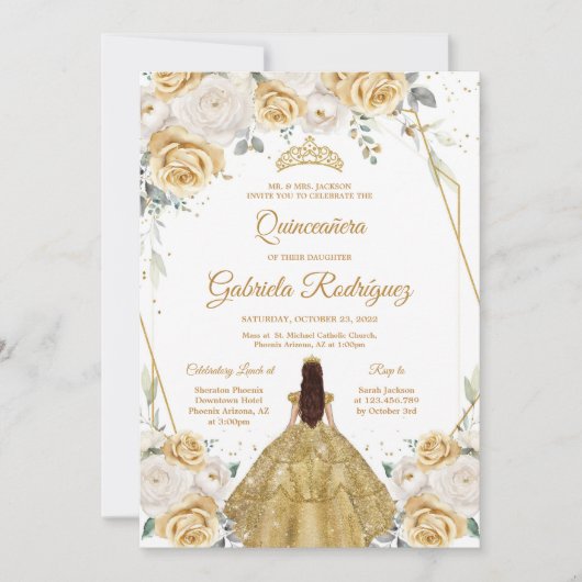 Quinceanera Floral Gold Invitation 招待状 (正面)