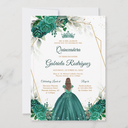 Quinceanera Floral Green Gold Invitation 招待状 (正面)